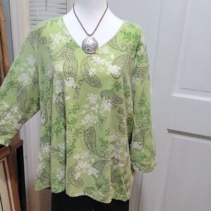 Kim Rogers Women's Lime Green Paisley Floral Long Sleeve Top, Sz 2X, Cottagecore